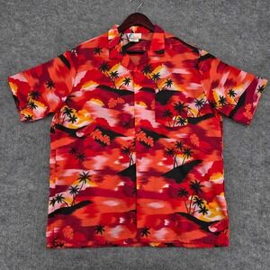 Islander Mens XL Hawaiian Shirt Red Orange Sunset Palm Tree Tropical USA 6602K